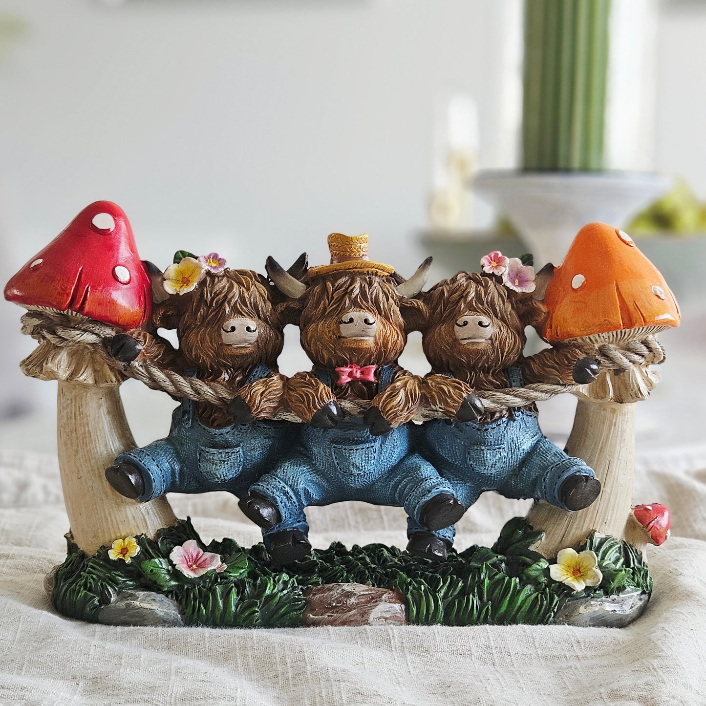 Highland Cow Country Trio ornament featuring three Highland cows with countryside details for rustic farmhouse home décor and animal lover gifts.
