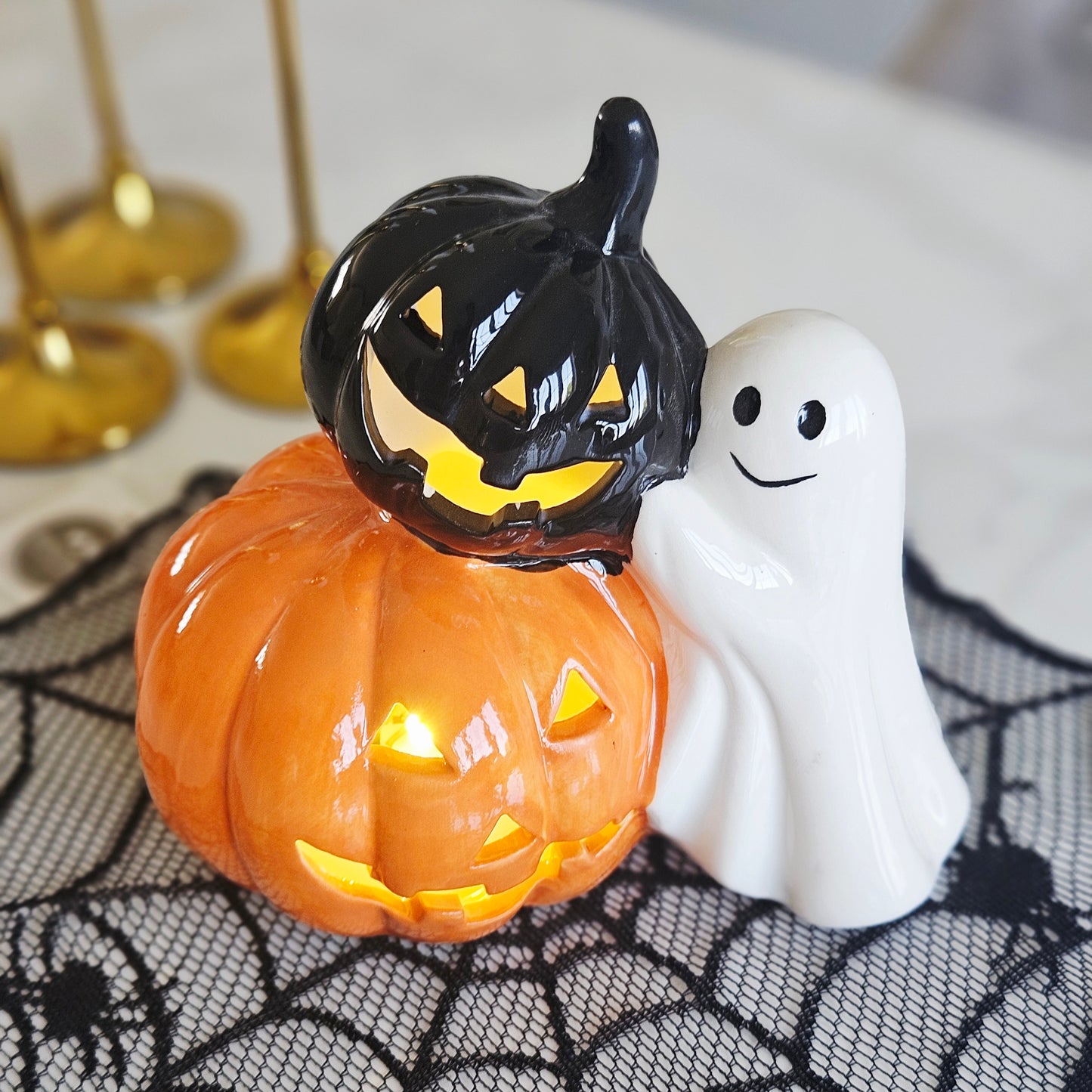 LED Ghost with Black & Orange Pumpkin Halloween Decoration