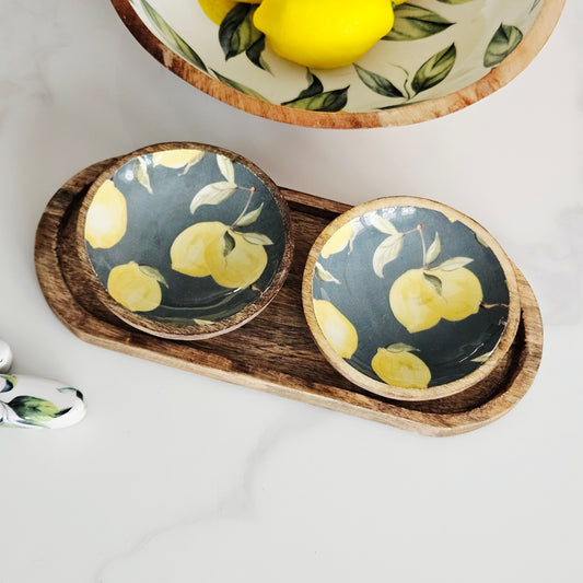 Sicilian orchard lemon mango wood dipping bowl on a mango wood tray
