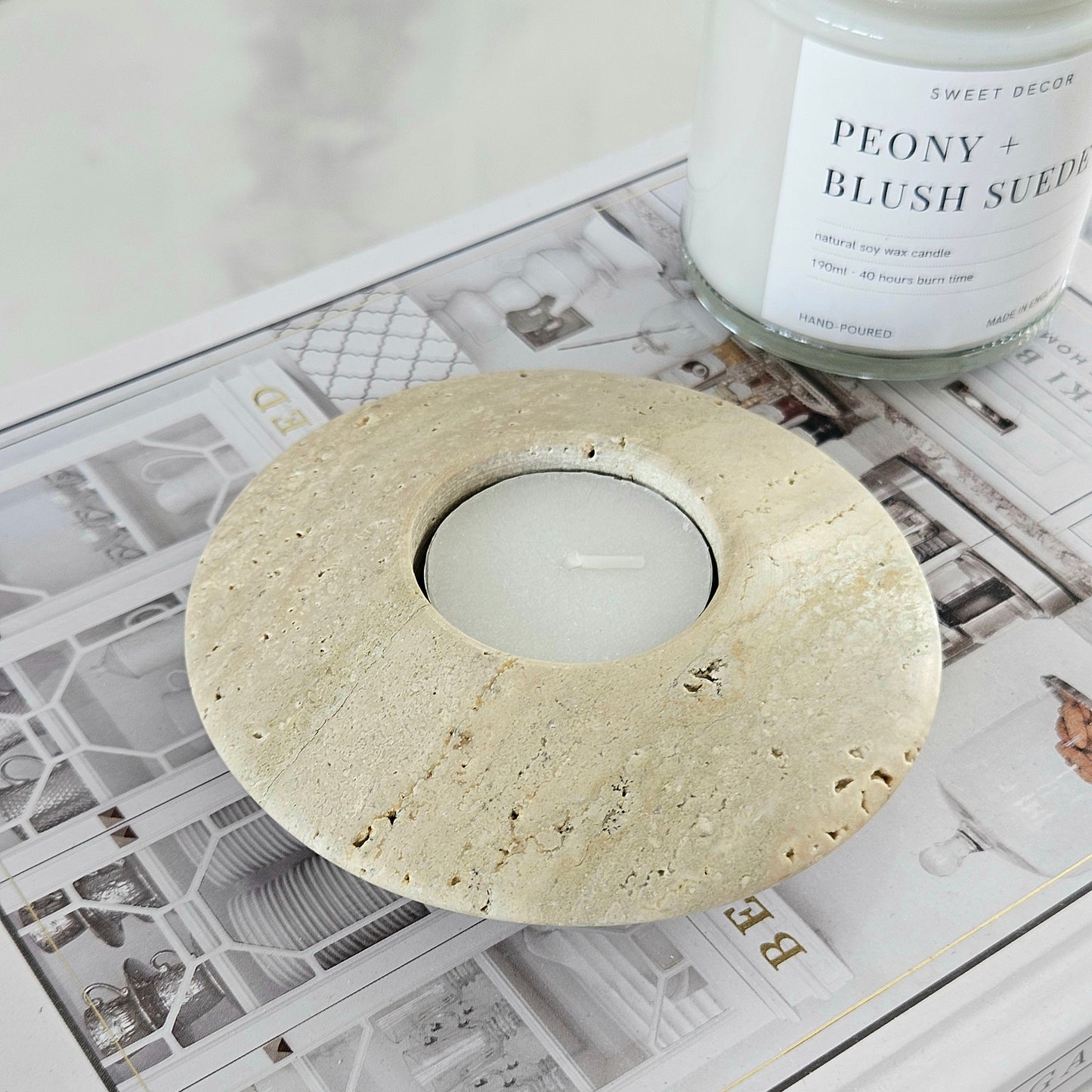travertine stone tea light holder earthy decor