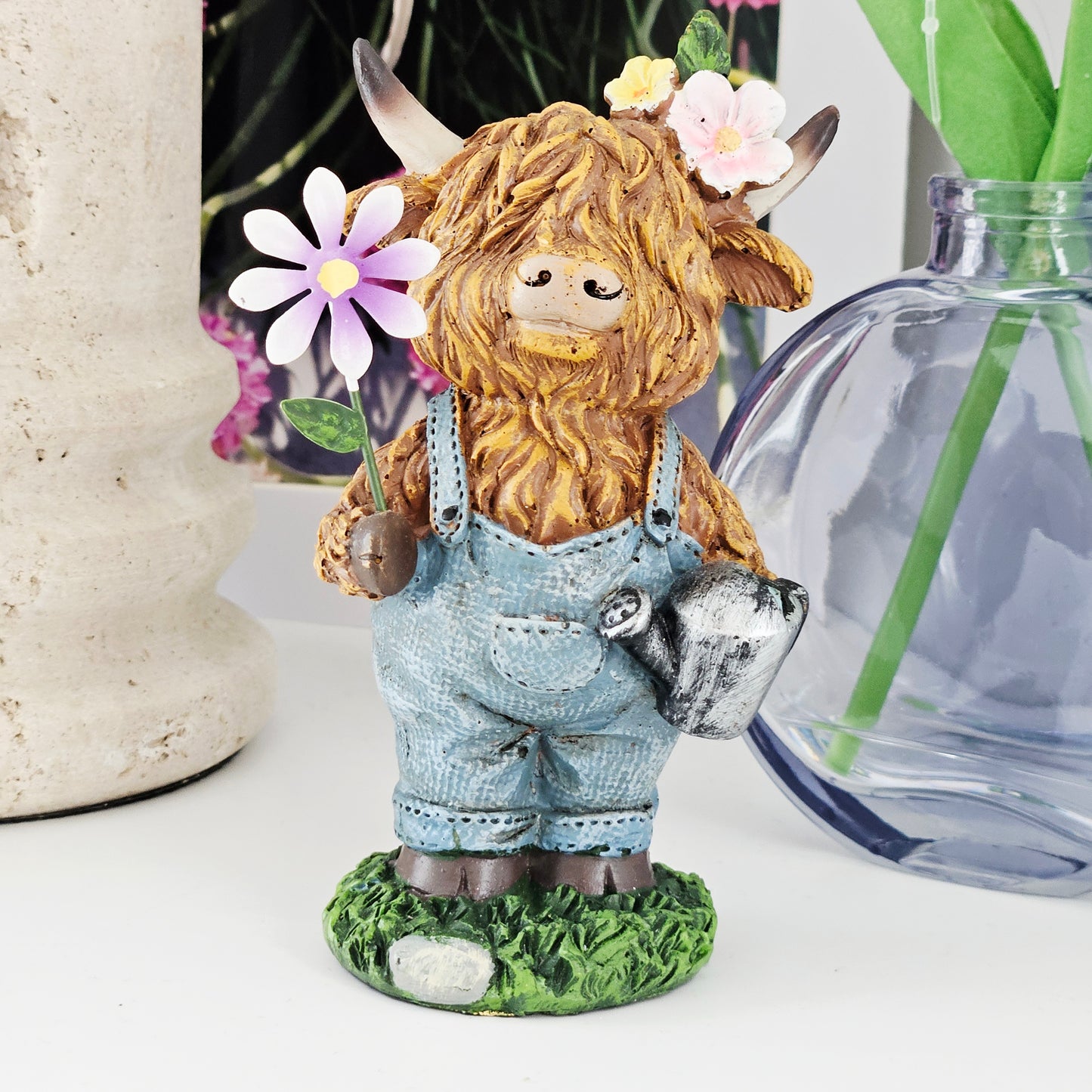 Highland Cow Holding Flowers Ornament | Rustic Farmhouse Home Decor