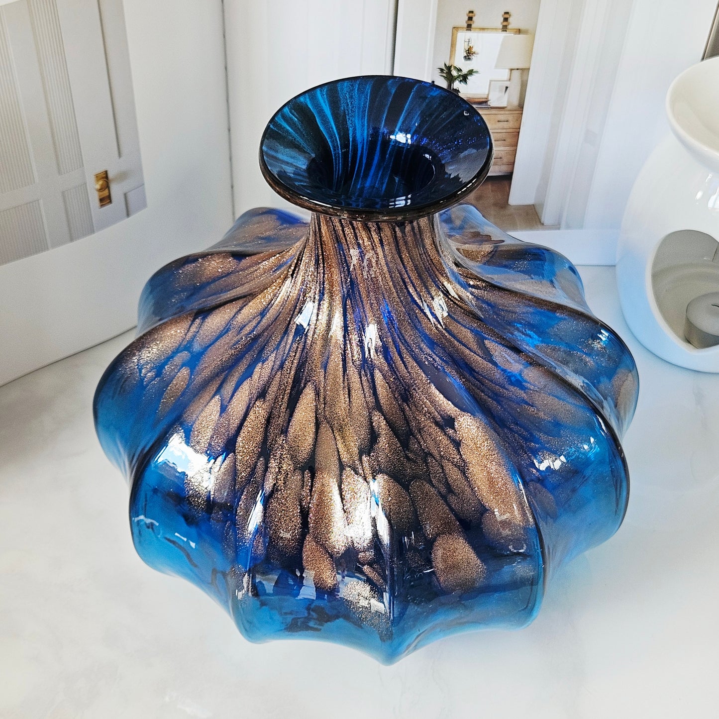Objects d'Art Blue & Bronze Glass Vase 22cm