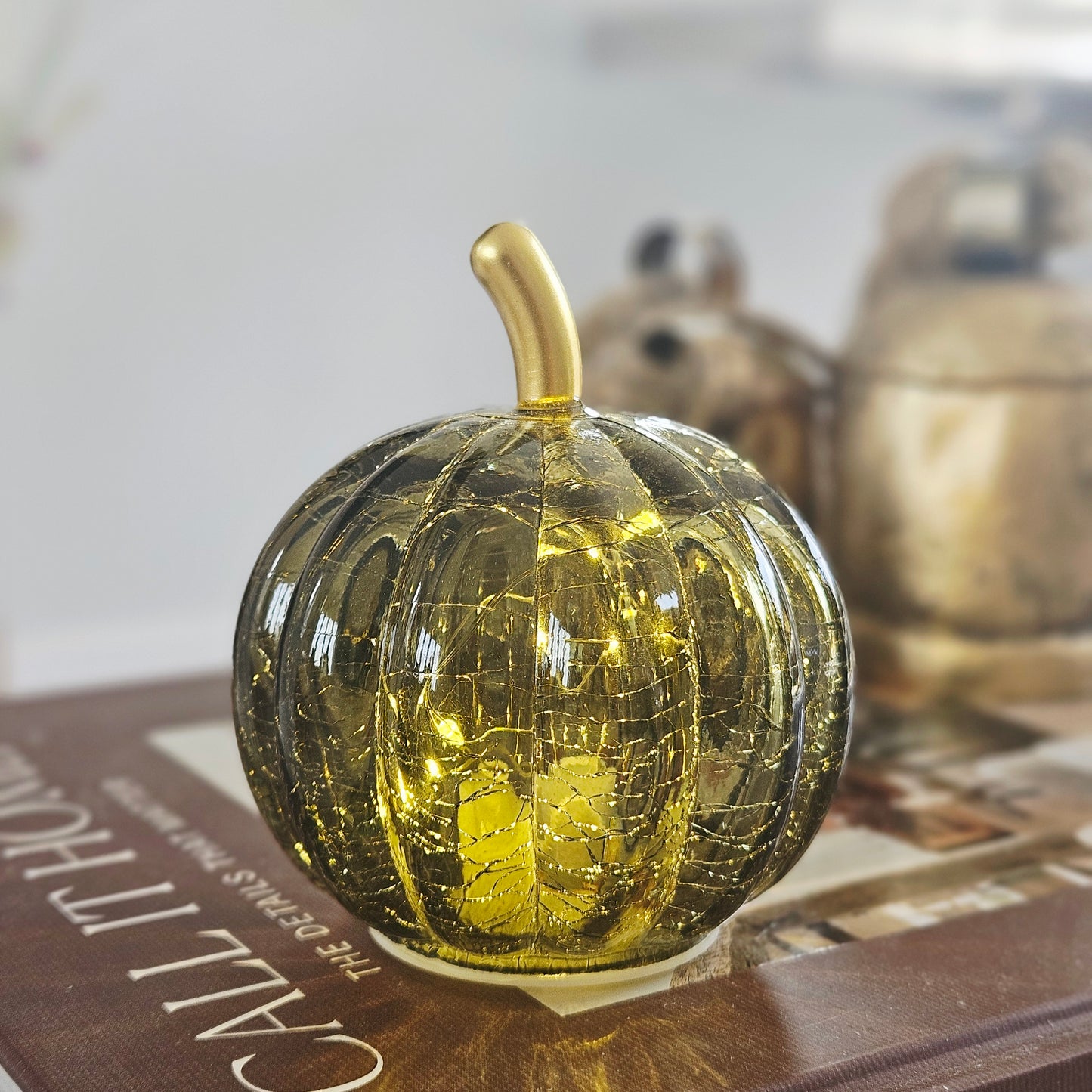 Green LED Glass Pumpkin Decoration | Light Up Autumn Pumpkin Ornament