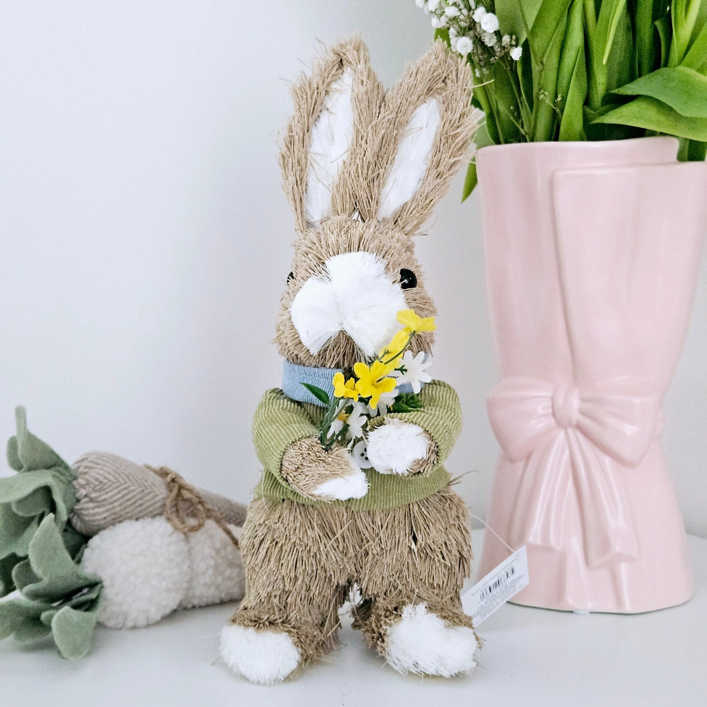 natural materials bunny 30cm holding flowers wearing a green jumper