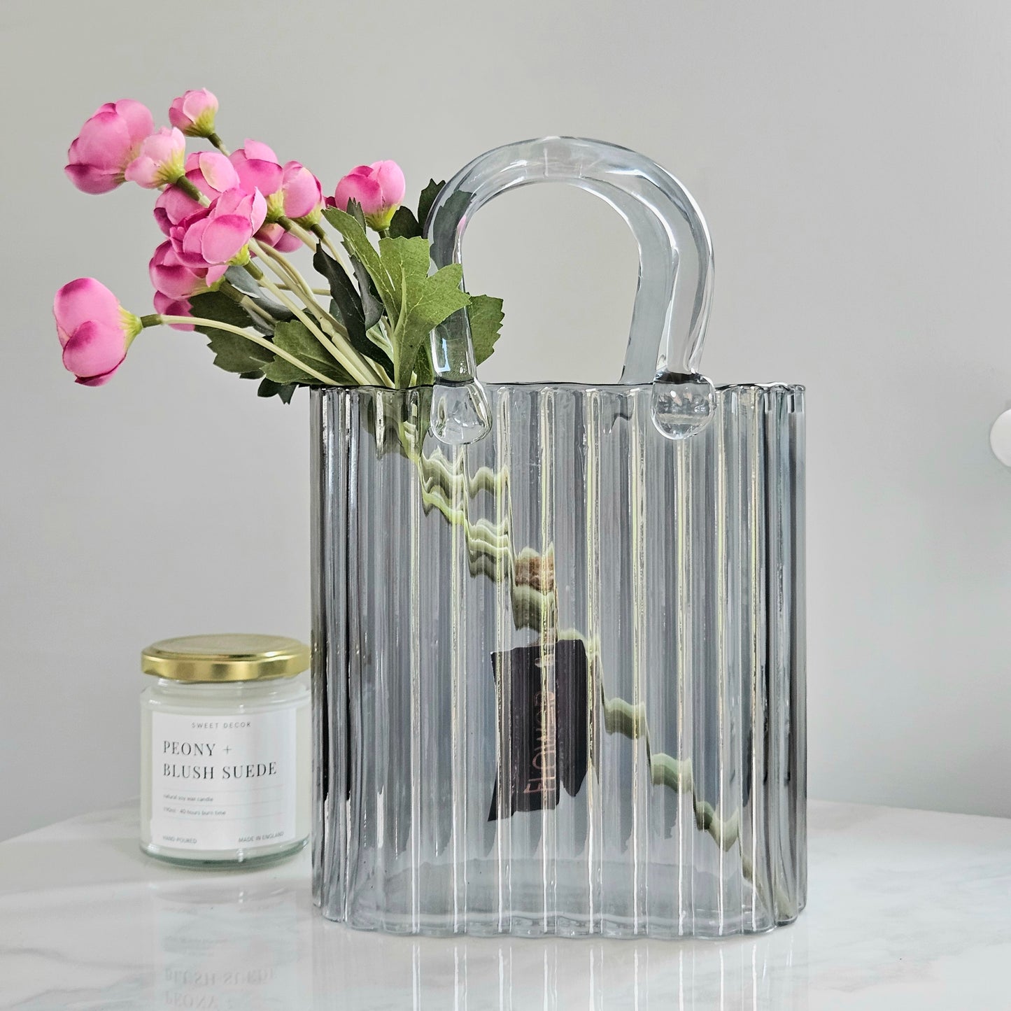 Grey large handbag vase with ribbed glass