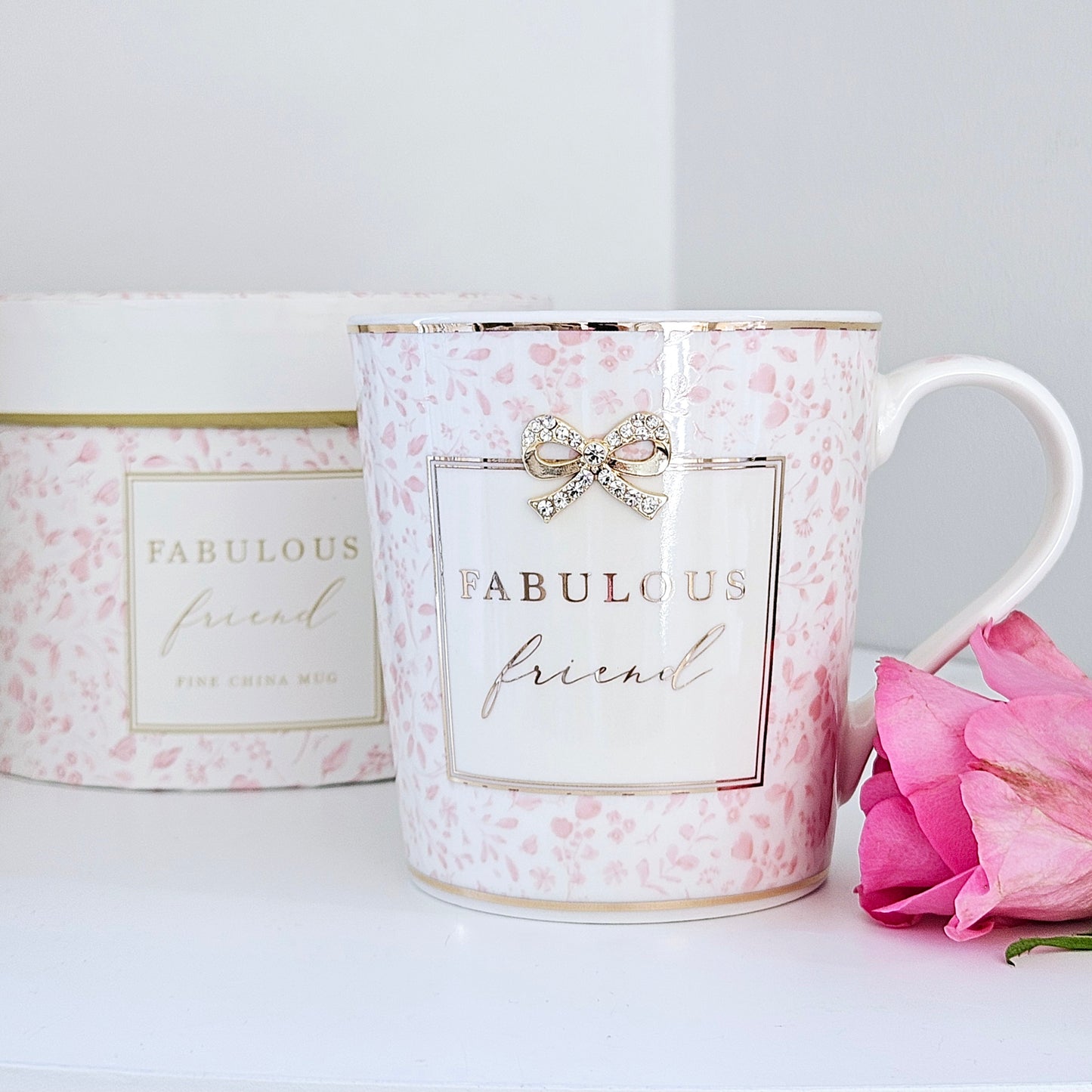 fabulous friend Diamante bow mug with flower floral print and matching box