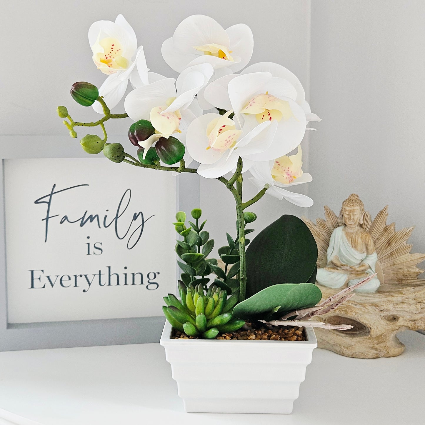 artificial orchid 30cm in white pot with pebbles