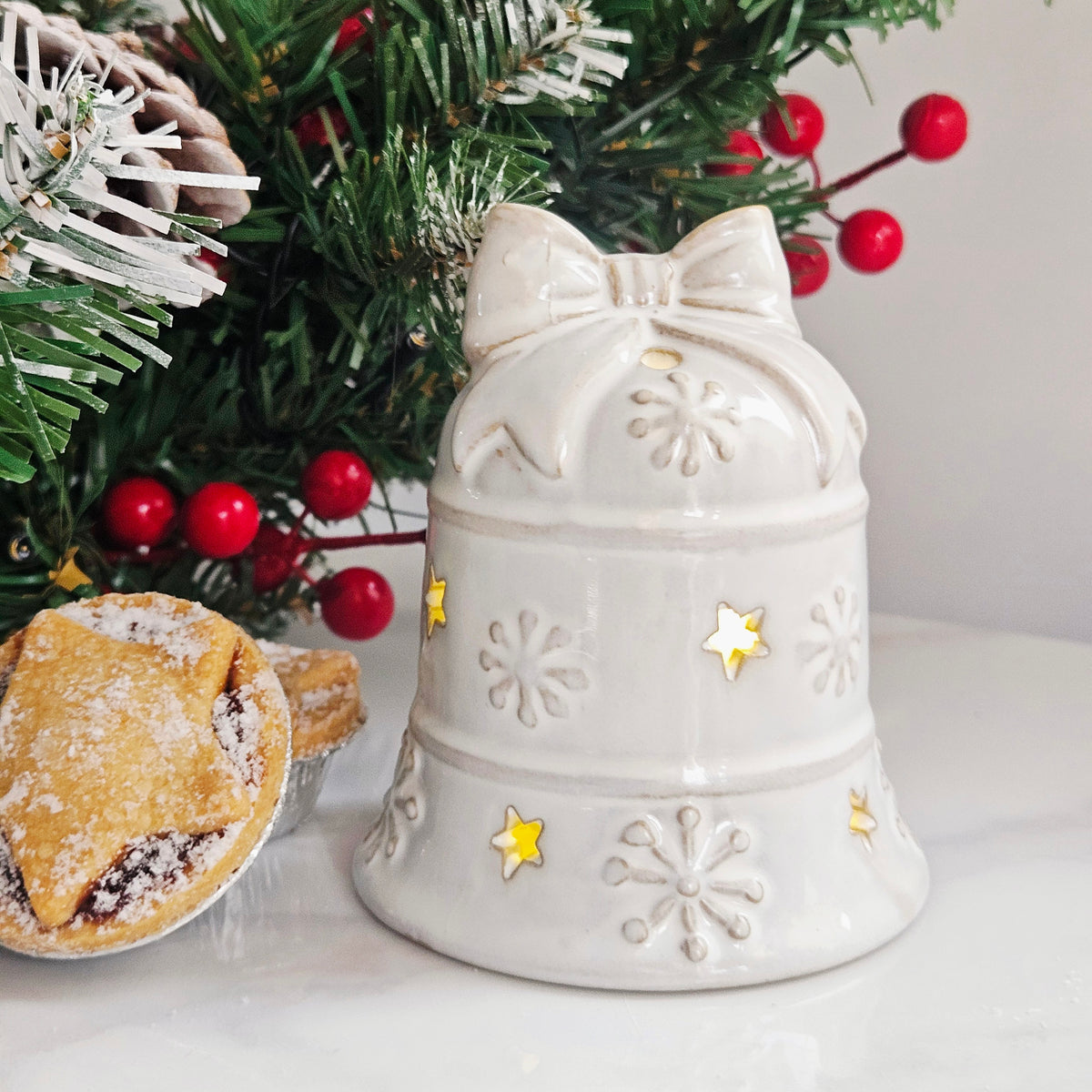 White Reactive Glaze Bell LED Ornament Christmas Decor