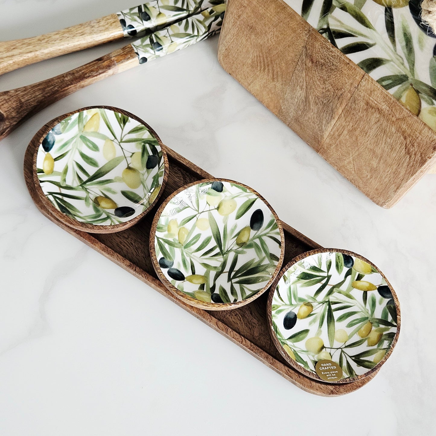 Set Of 3 Mango Wood Dipping Bowls with olive design and on a mango wood tray