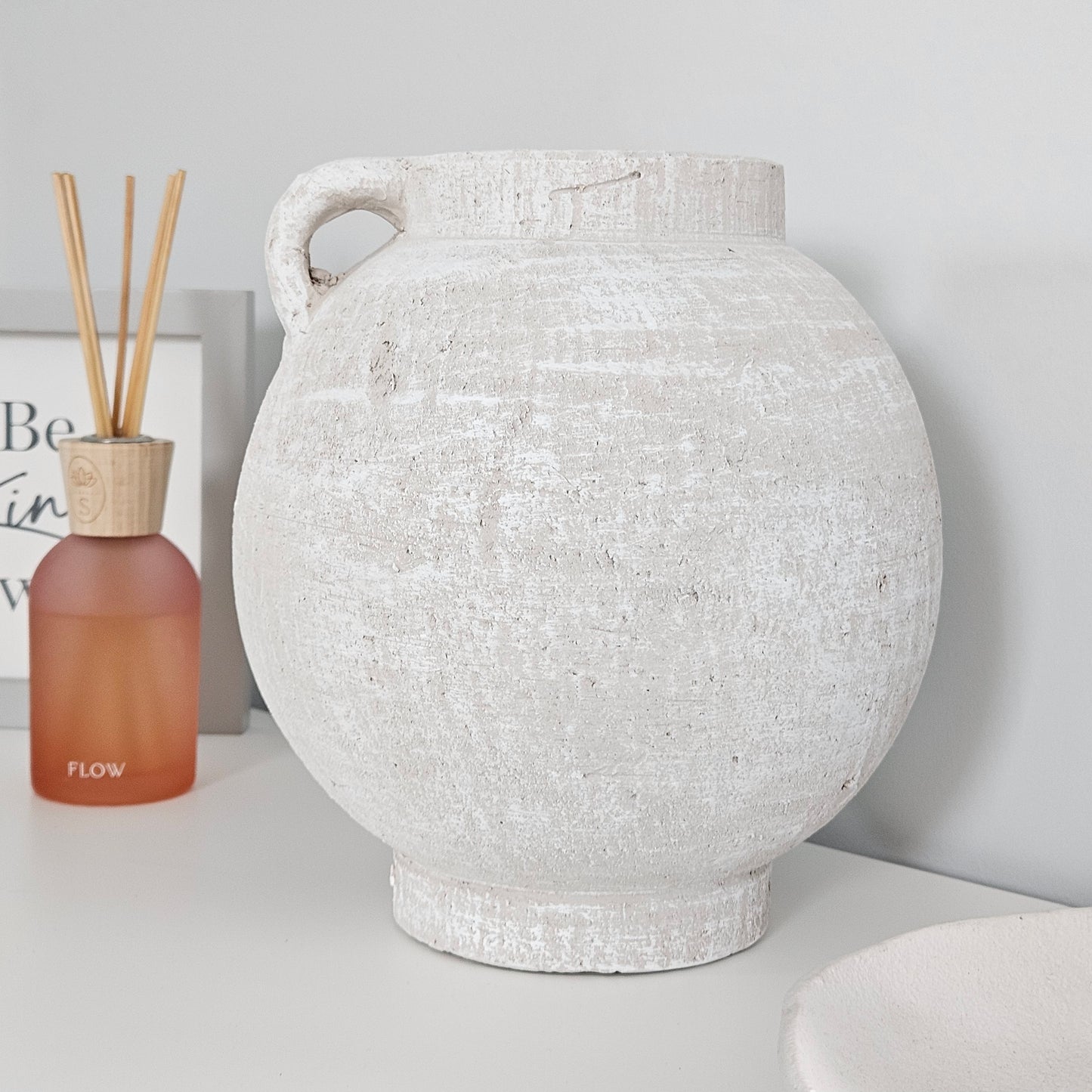 White Rustic round Terracotta Vase 24.5cm