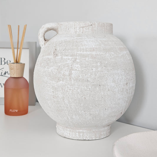White Rustic round Terracotta Vase 24.5cm