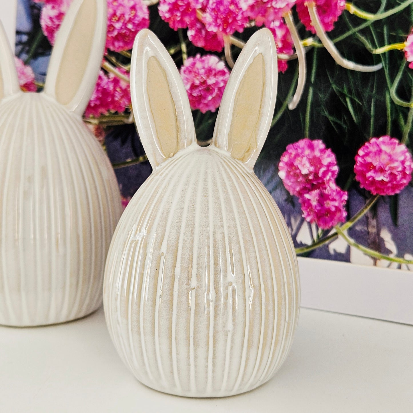 ceramic bunny with ears decoration with ribbed detailing 14cm