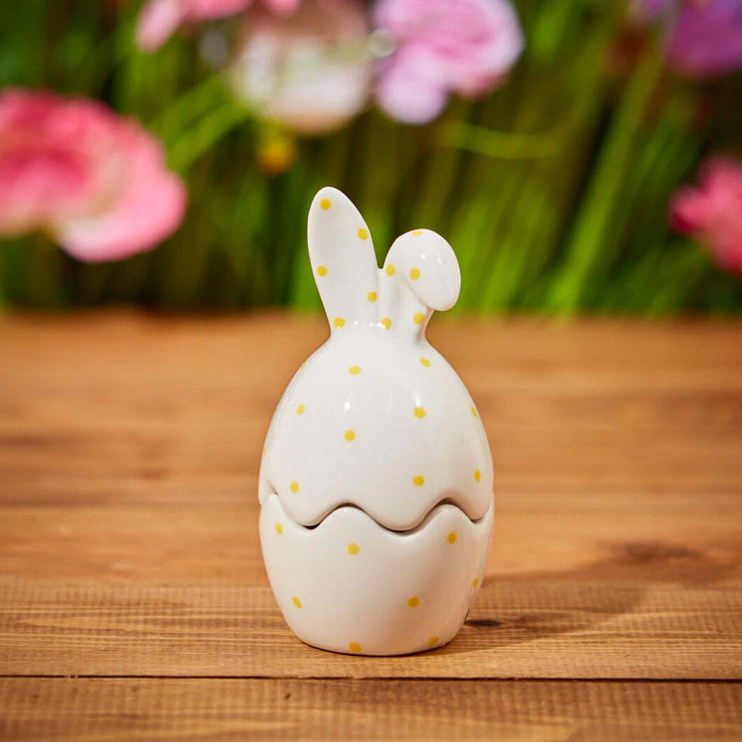 ceramic bunny trinket pot in white with yellow spots and floppy ear design