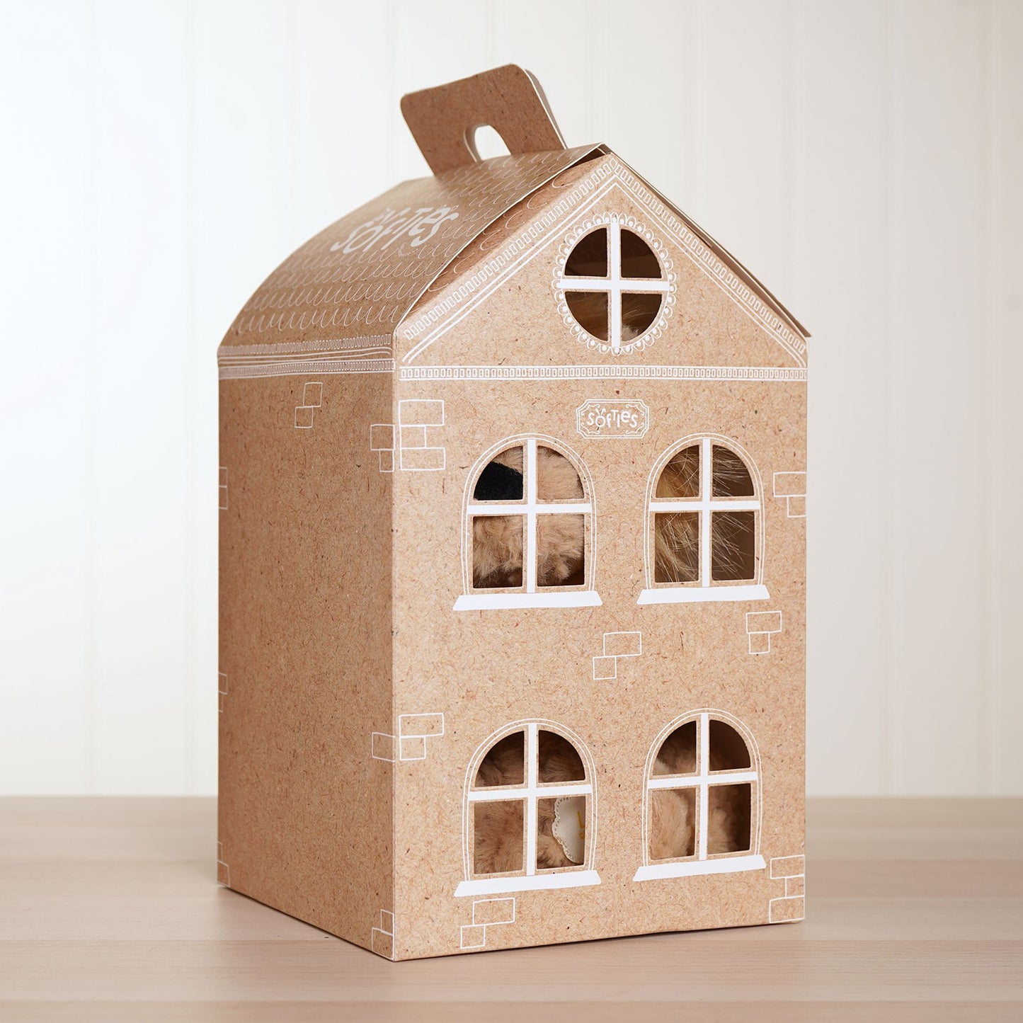 cardboard softies box 12.5cm in shape of a house with white details