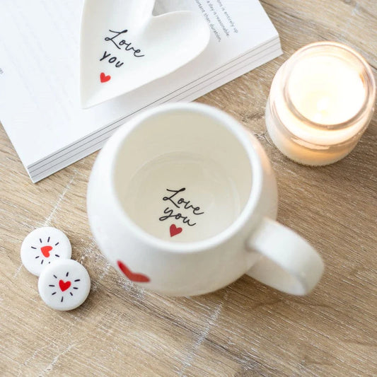 LOVE YOU WHITE MUG WITH READ HEART AND HIDDEN TEXT 