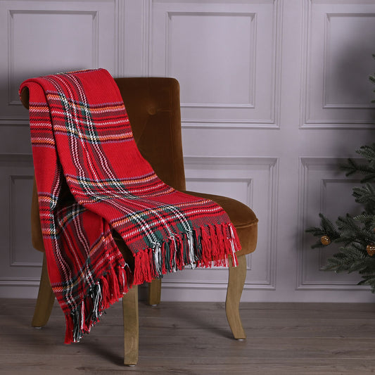 red tartan woven checked cotton throw with tassels