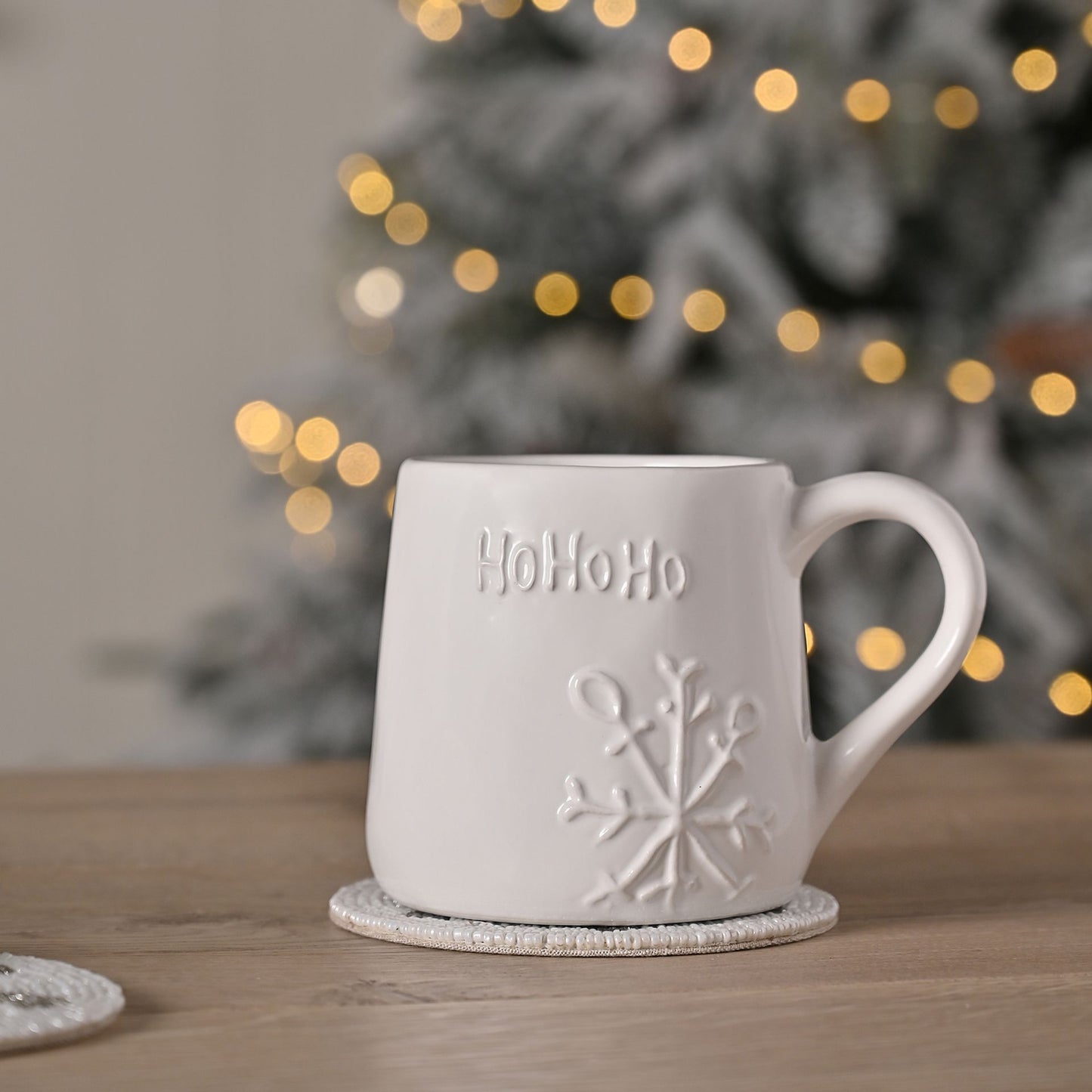 white ho ho ho mug with snowflake