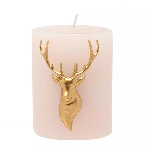 Pink blush candle with a gold stag head design