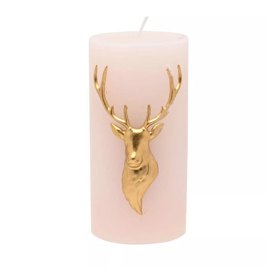 large pink blush candle with gold stag head
