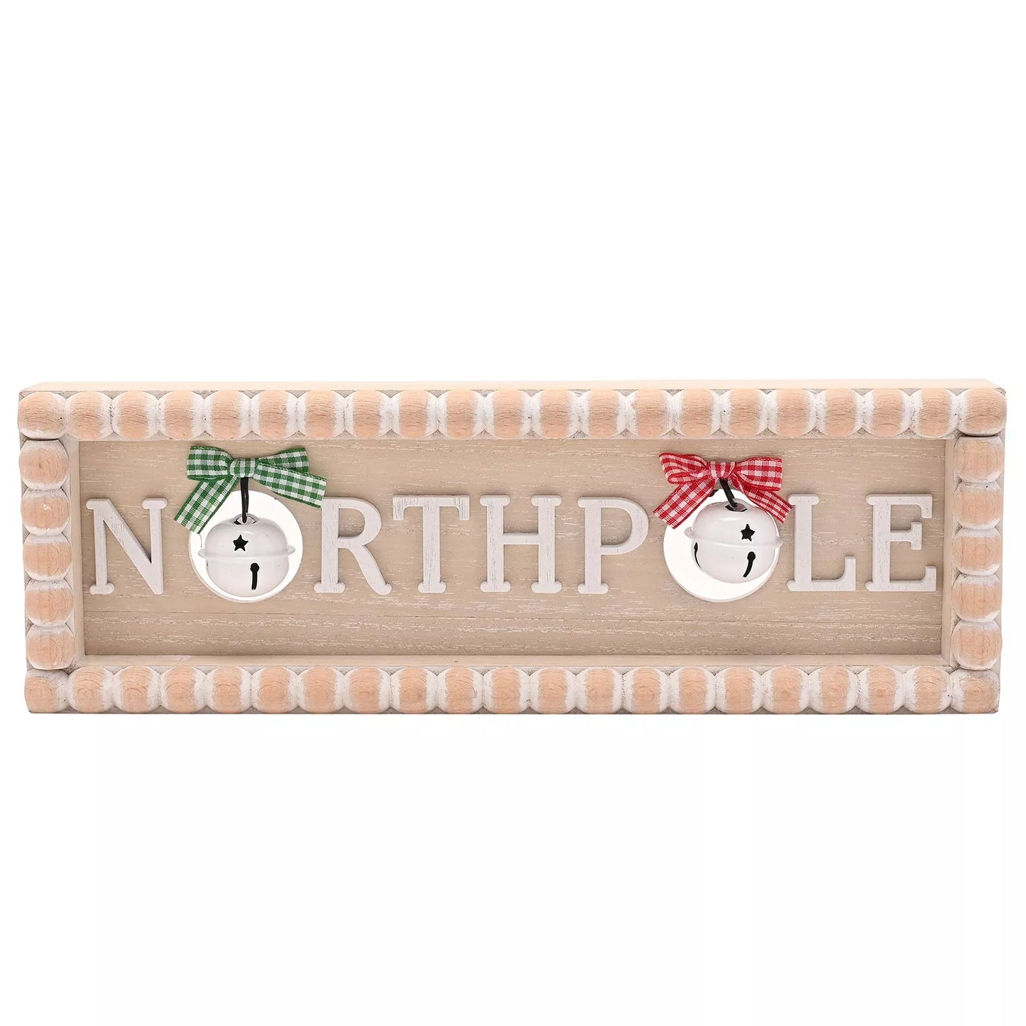 Wooden bobble sign with 'Northpole' text and decorative bells elements