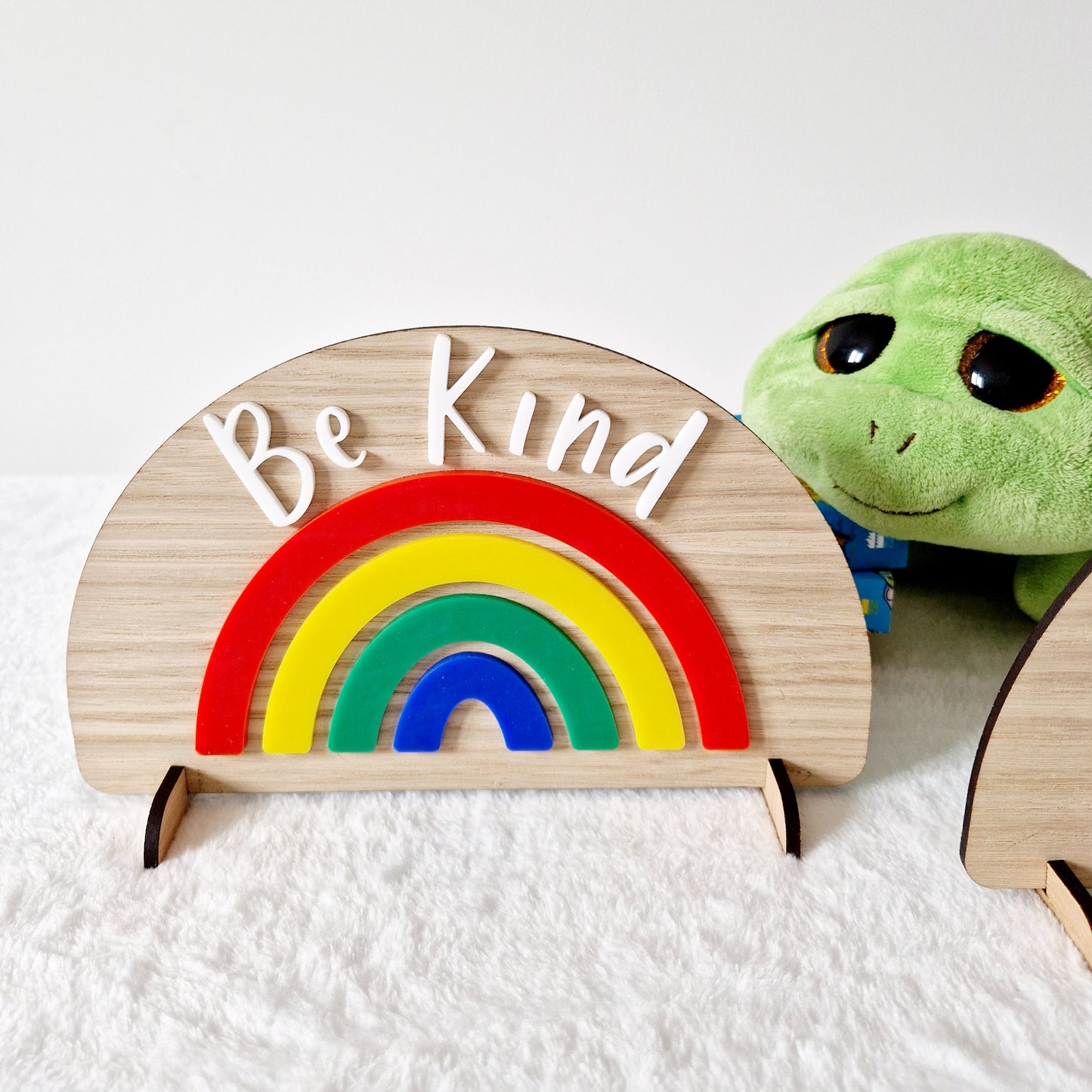Rainbow plaque laser cut from oak veneered wood and rainbow acrylic