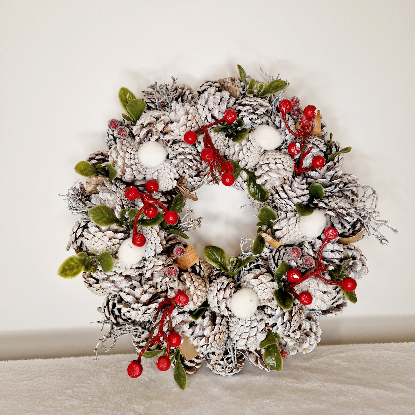 White & Red Pinecone Wreath