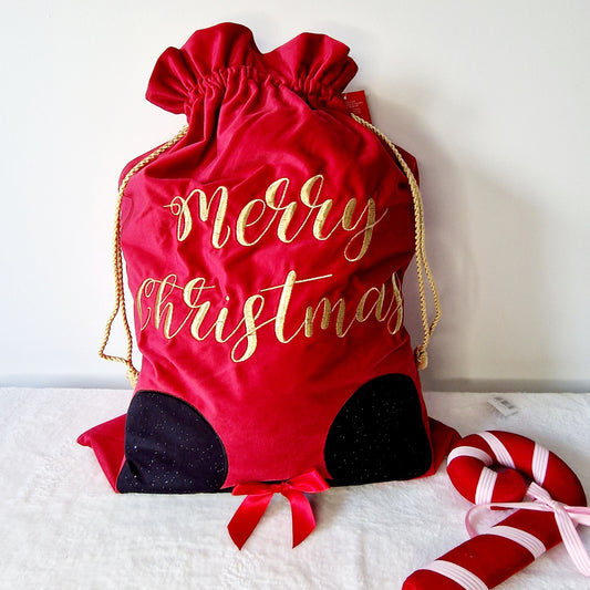 luxury red velvet Minnie Mouse Christmas gift sack. From the Disney Christmas collection
