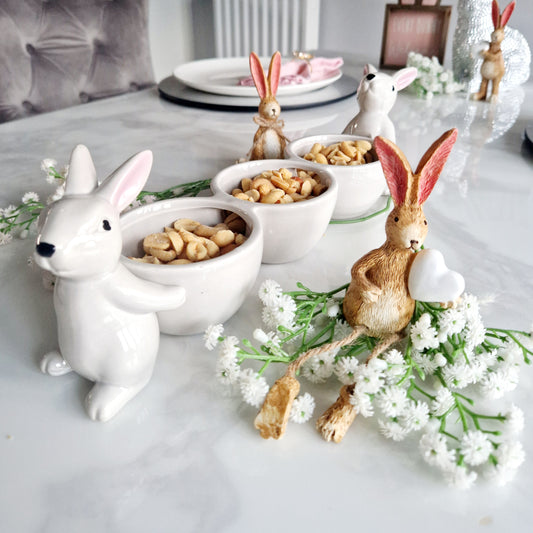 Long Ceramic Triple Bowl with Supporting Rabbits
