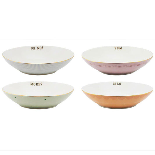 Set of 4 pastel pasta bowls with fun slogans inside by Yvonne ellen
