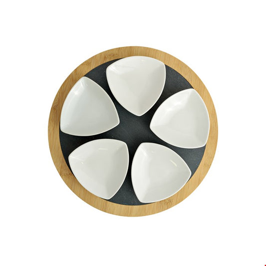 Round slate and wood tray   5 white ceramic dishes