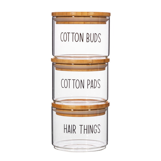 beauty set of 3 stacking jars glass with black print cotton buds, cotton pads & hair things