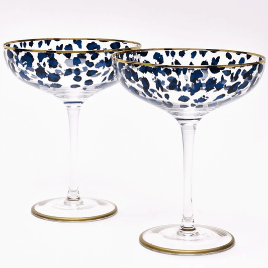 leopard print cocktail glasses with gold rim and navy blue print