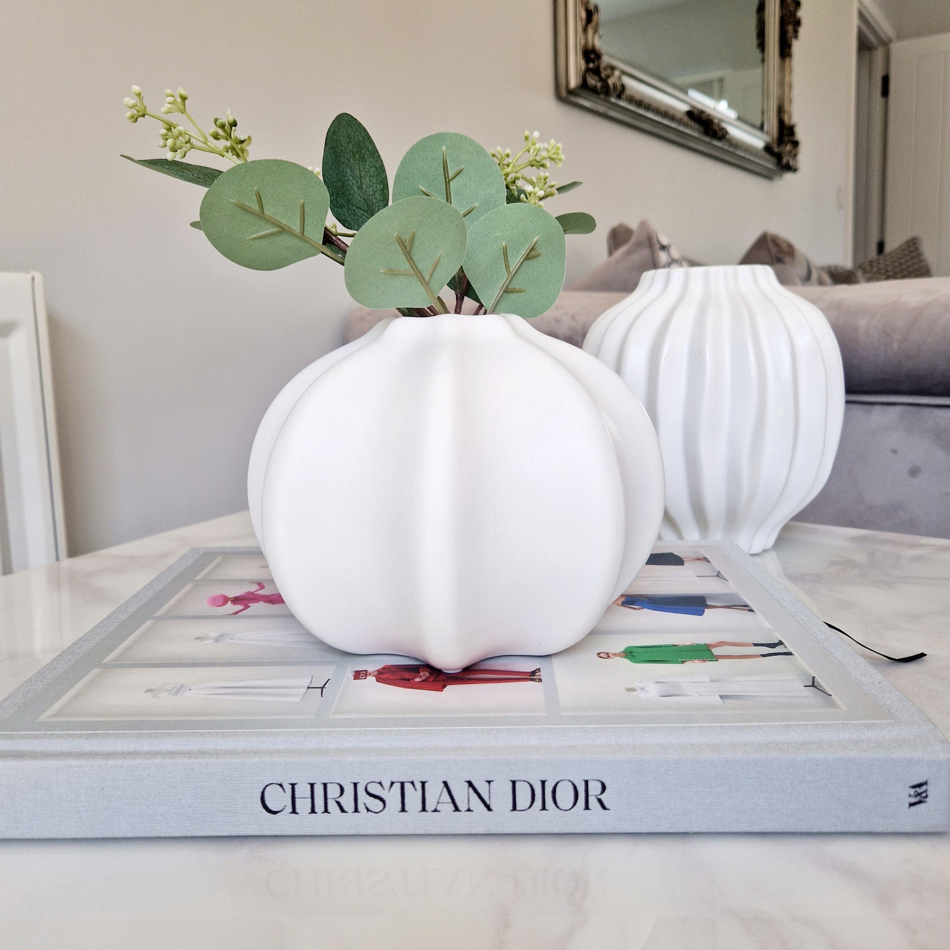 White ceramic pumpkin inspired ceramic vase