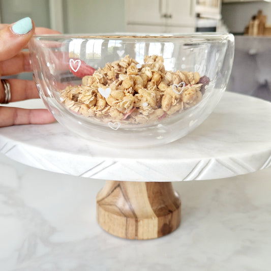 white heart and white dots double wall glass bowl