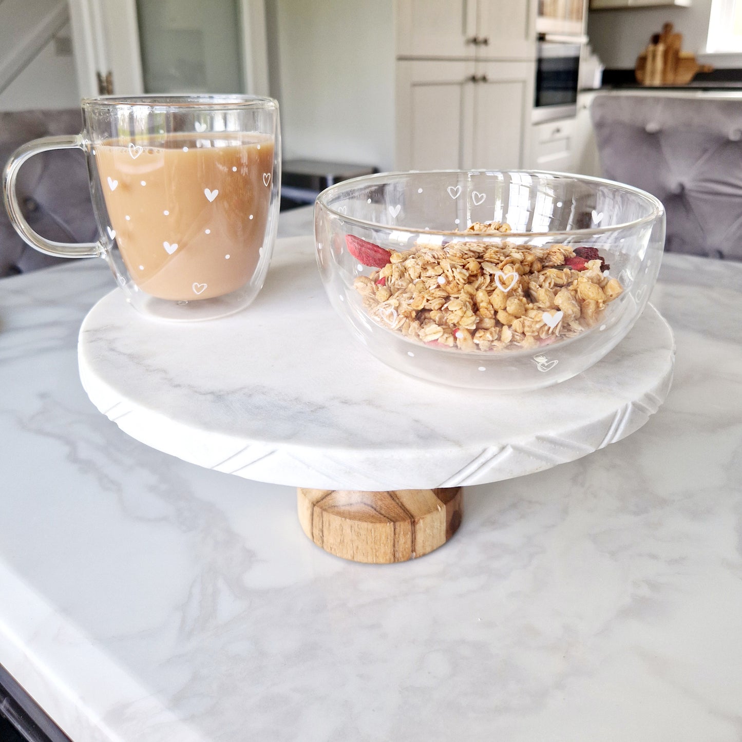 Double Wall Glass Bowl - White Hearts Dots