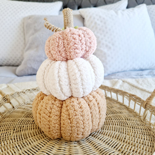 Fabric trio of pumpkins pink white and beige stack