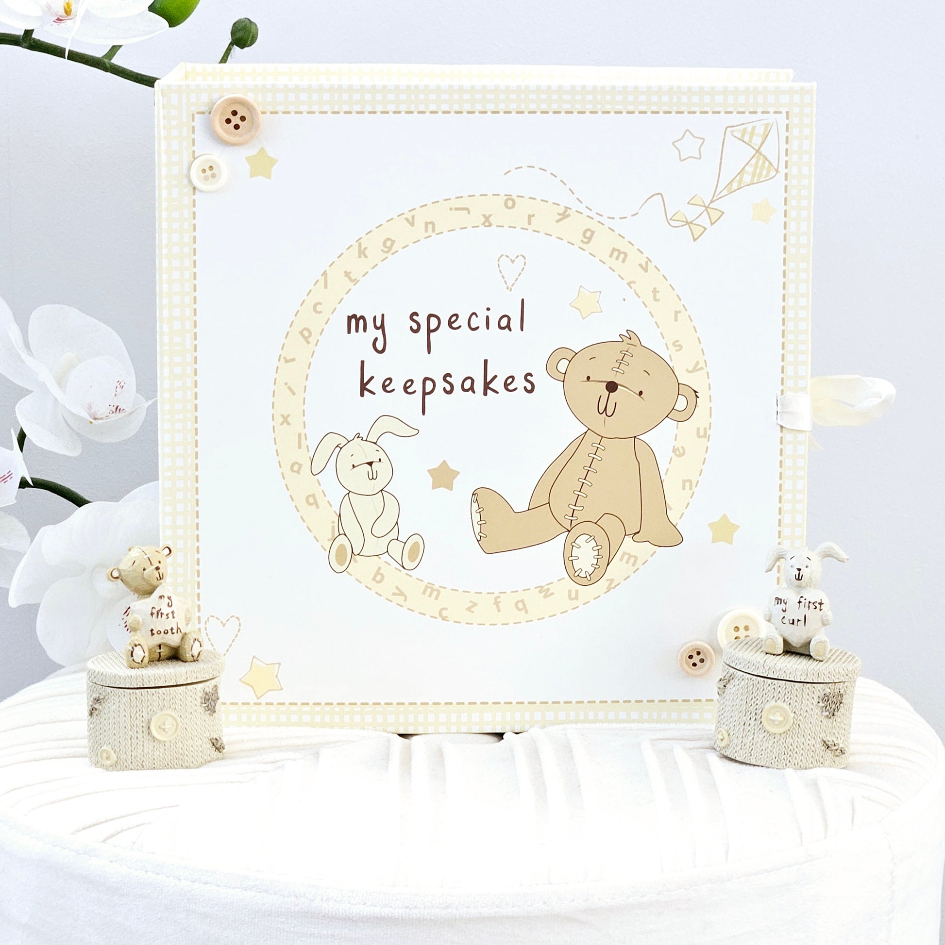 Button corner children's special keepsake cardboard draws box with teddy's and ribbon