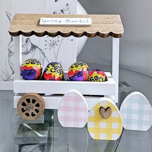 Wooden Easter Egg Spring Market Cart with. moveable wheel  and 3 wooden eggs