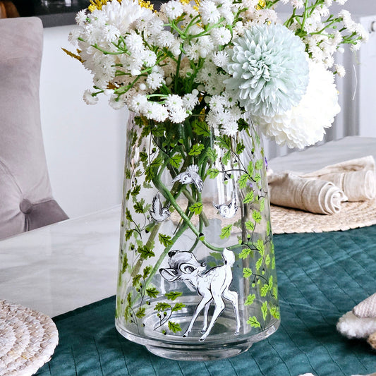 Bambi forest friends glass vase 20cm with Bambi and green leaves and birds