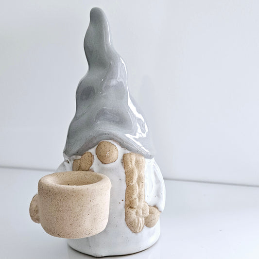 Gnome/Gonk candle stick holder stoneware with a grey hat