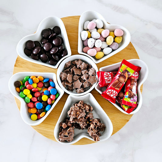 Heart 6 piece ceramic snacking station  on a spinning wooden tray