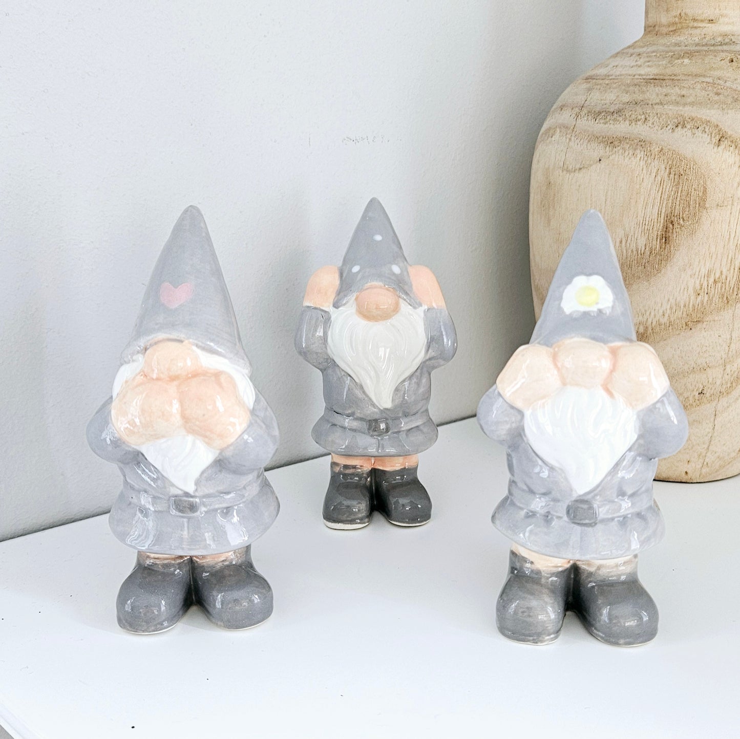 gonk set trio grey and white hear speak and see no evil small ceramic figurines 