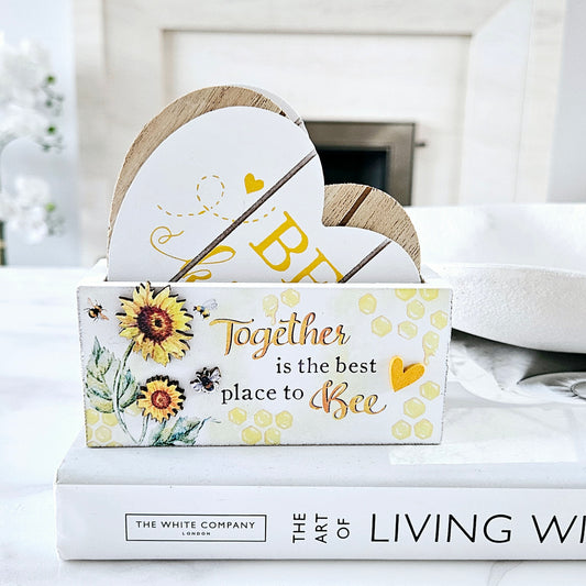 Bee Happy Wooden Heart design bee coaster set of 4 in a box with 3d images 