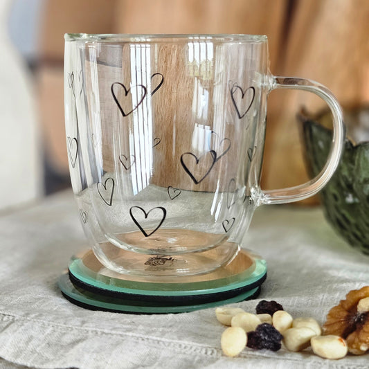 double wall open black hearts glass mug