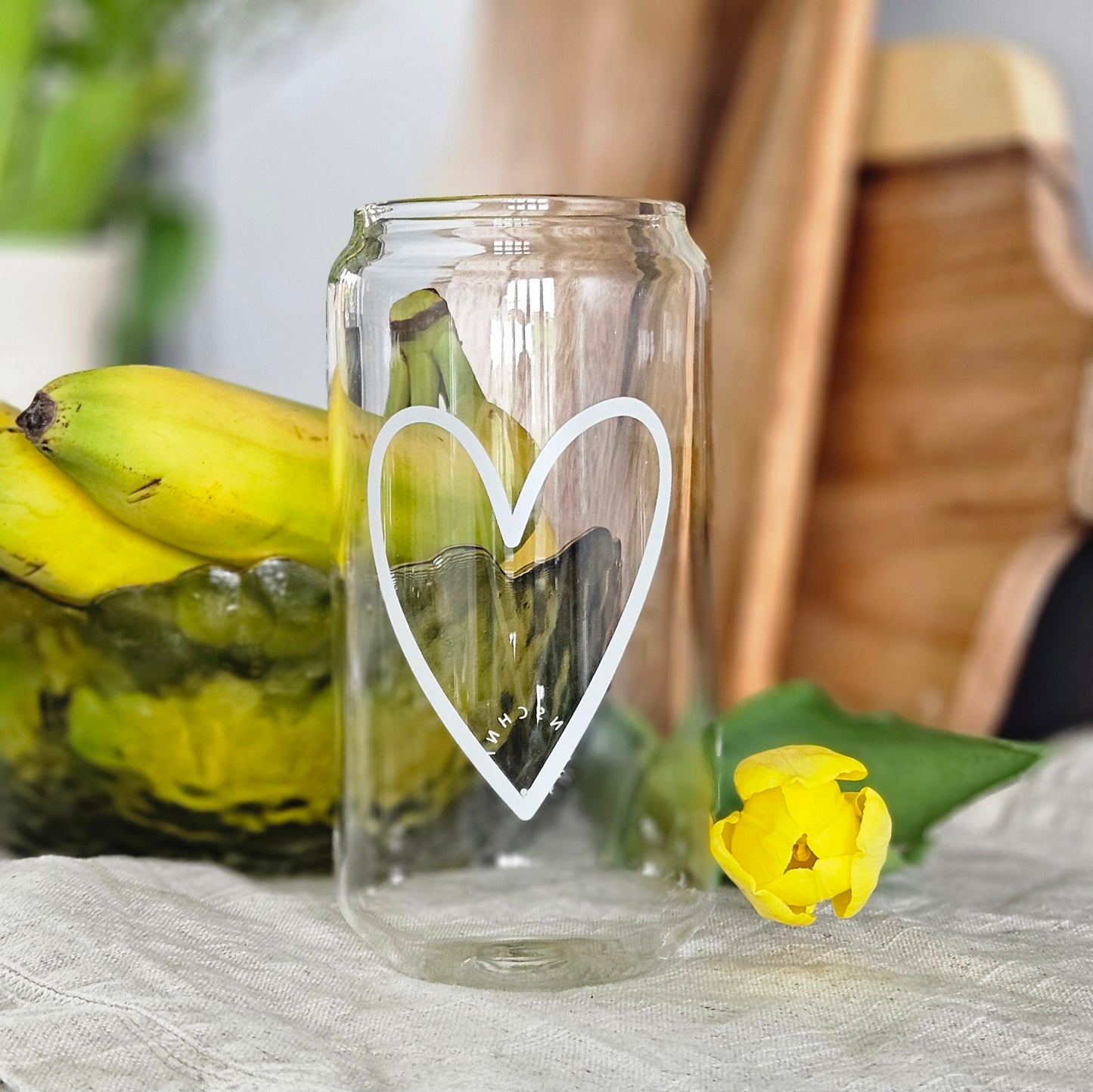 Tall hearts drinking glass can with large white heart print