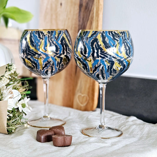 Frida set of 2 zebra print gin glasses with blue and gold print design and gift box