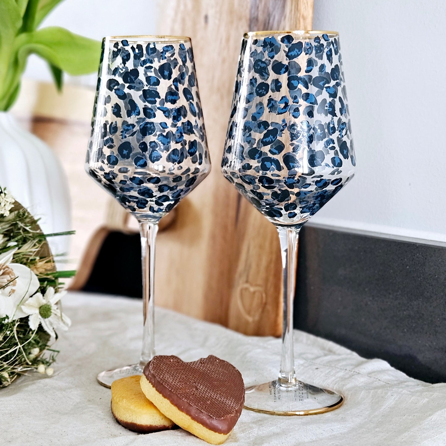 Set of 2 Frida blue leopard print wine glasses with a gold rim and gift box