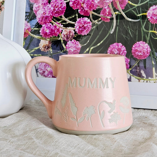 pink floral engraved mummy mug large