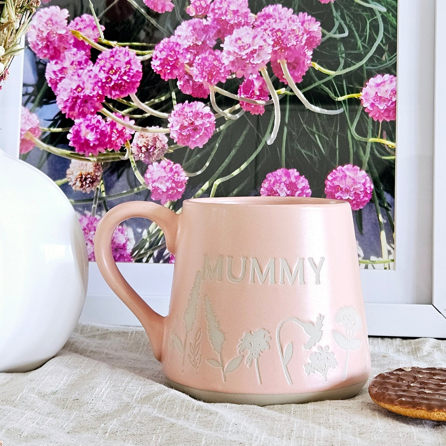 pink floral embroided mummy mug large