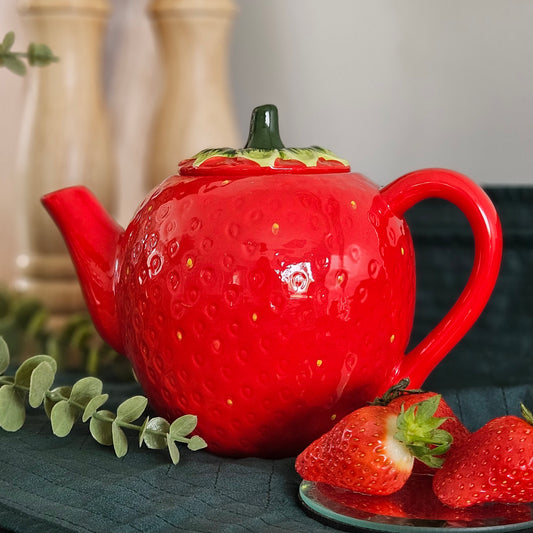 Strawberry Tea Pot red all over with seeds and green stalk lid